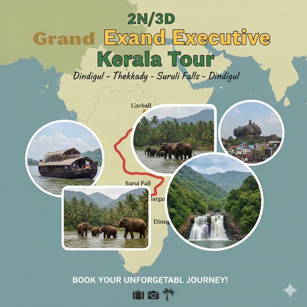 2N/3D Executive Kerala Tour: Dindigul – Thekkady – Suruli Falls – Dindigul