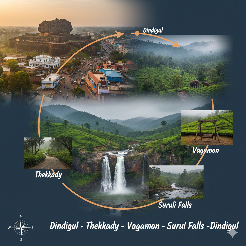 Dindigul – Thekkady – Vagamon – Suruli Falls – Dindigul Tour Package