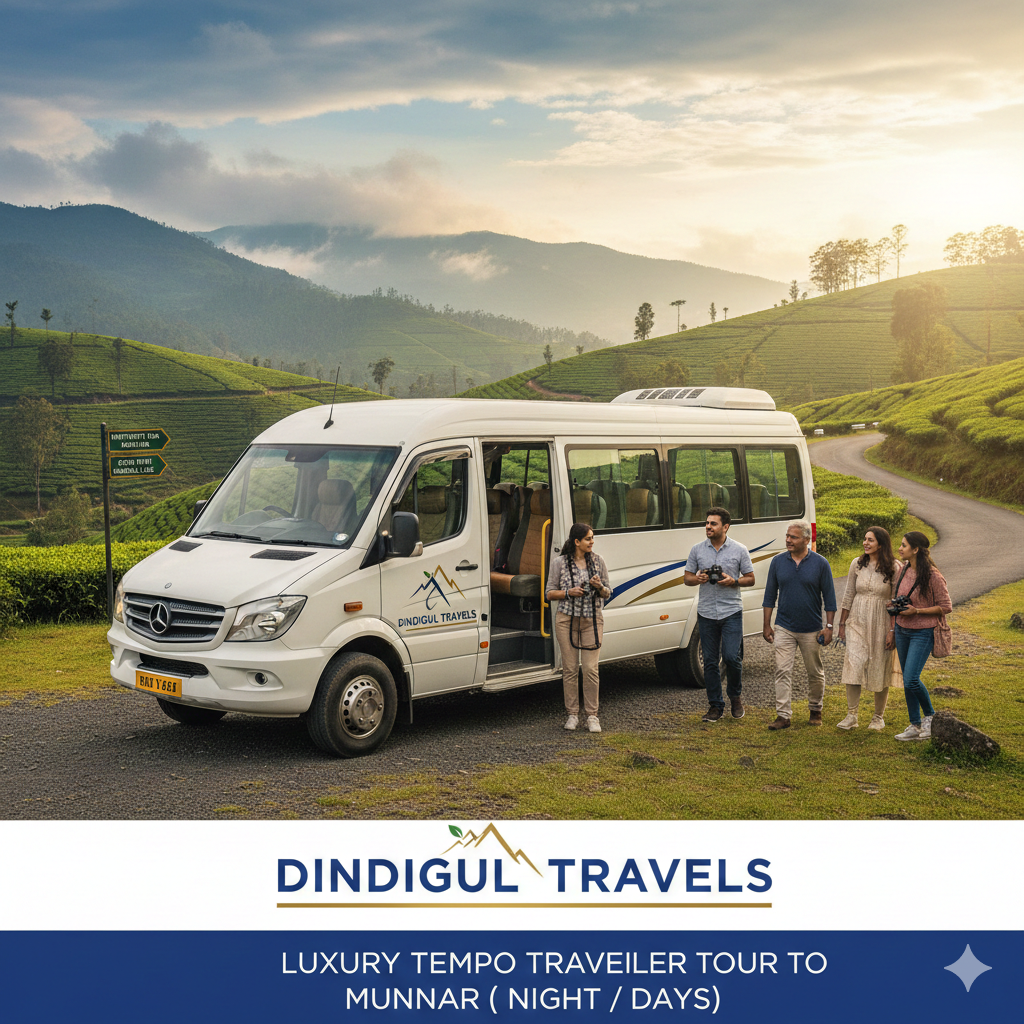 Dindigul Travels: Luxury Tempo Traveller Tour to Munnar (1 Night / 2 Days)