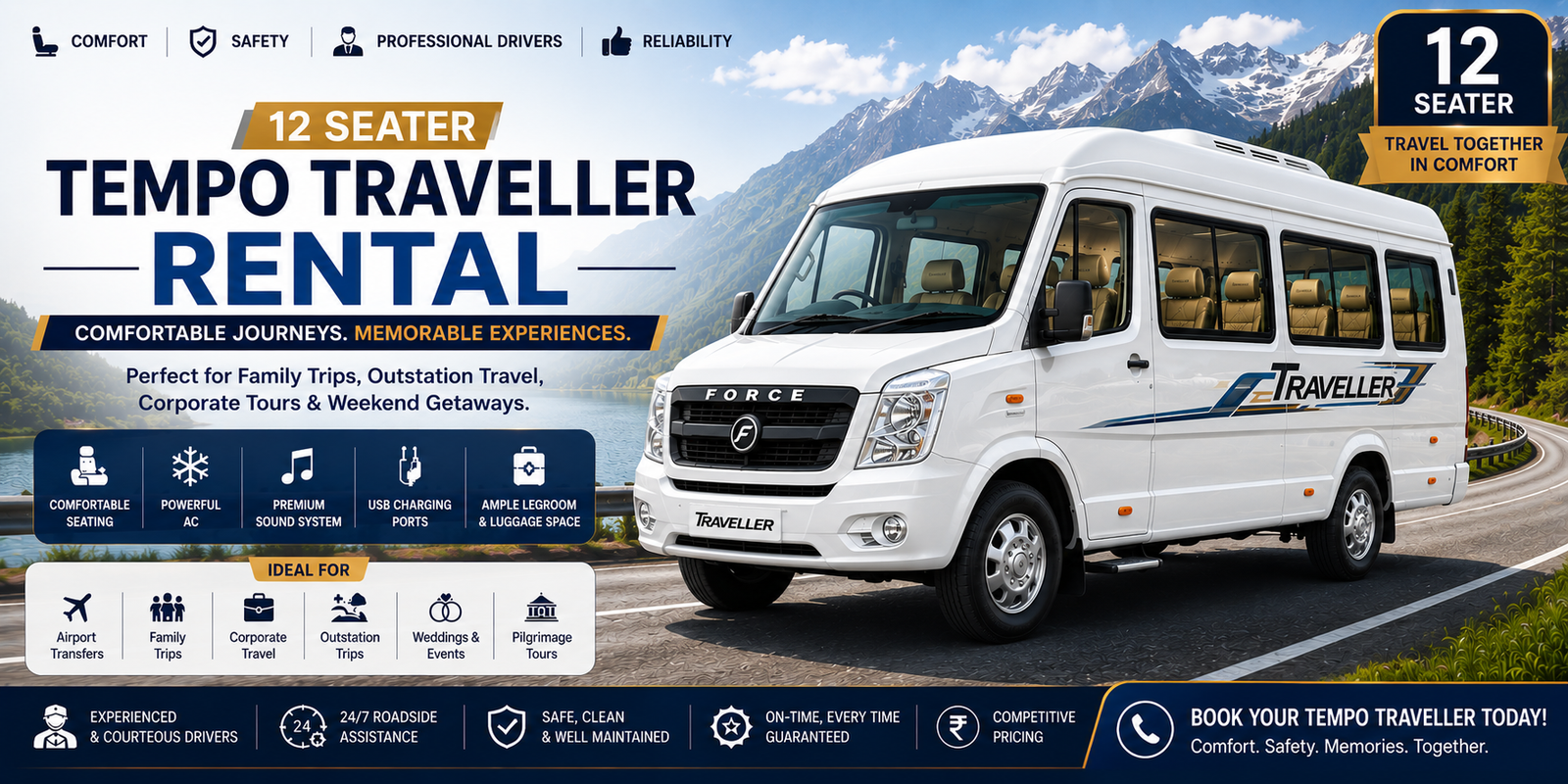 12 Seater Tempo Traveller Rental in Dindigul - Most Popular Standard Size