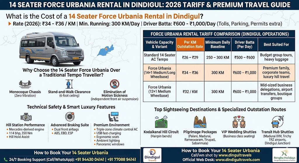 14 Seater Urbania Rental in Dindigul 2026 Tariff Premium Travel Guide