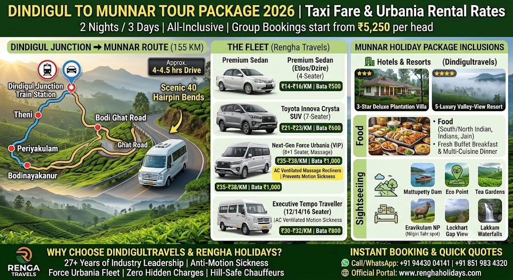 Dindigul to Munnar Tour Package 2026 Taxi Fare  Urbania Rental Rates