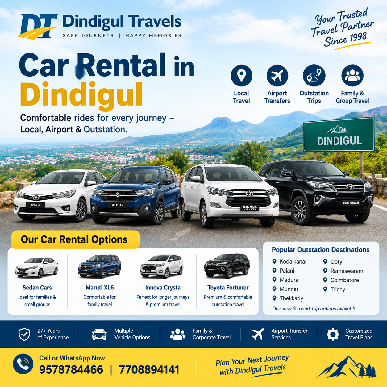 Car Rental in Dindigul | Local & Outstation Car Hire