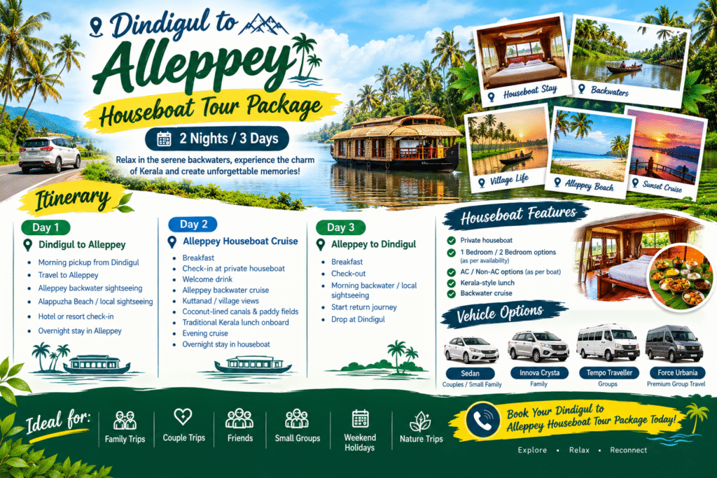 Dindigul to Alleppey Houseboat Tour | 2N/3D