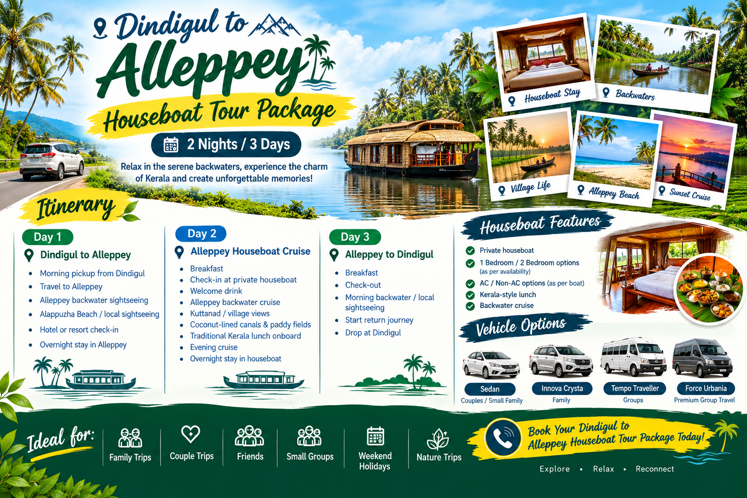Dindigul to Alleppey Houseboat Tour | 2N/3D