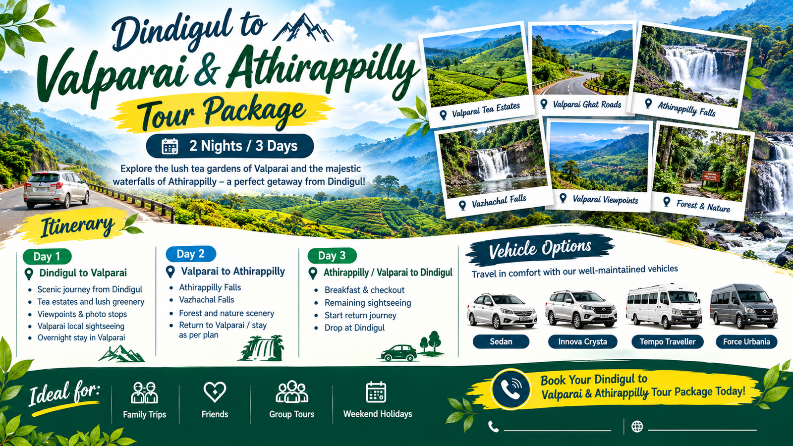 Dindigul to Valparai & Athirappilly Tour Package