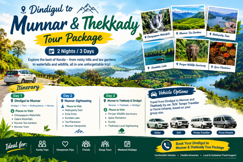 Dindigul to Munnar & Thekkady Tour | 2N/3D